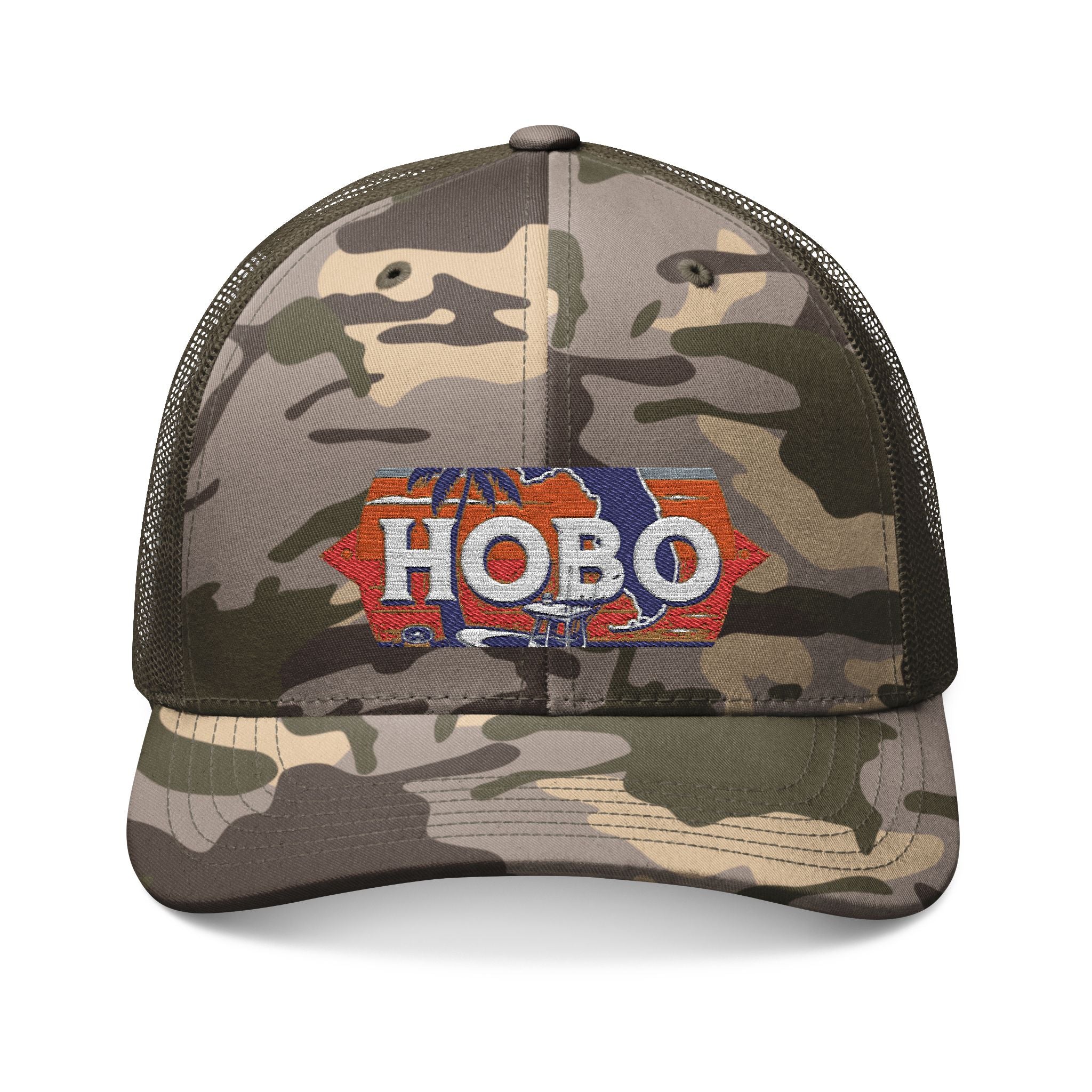 Camouflage Trucker Hat with "HOBO" Embroidery, Outdoor Gear, Stylish Accessories, Casual Headwear, Camping, Festival Fashion, Gift for Him