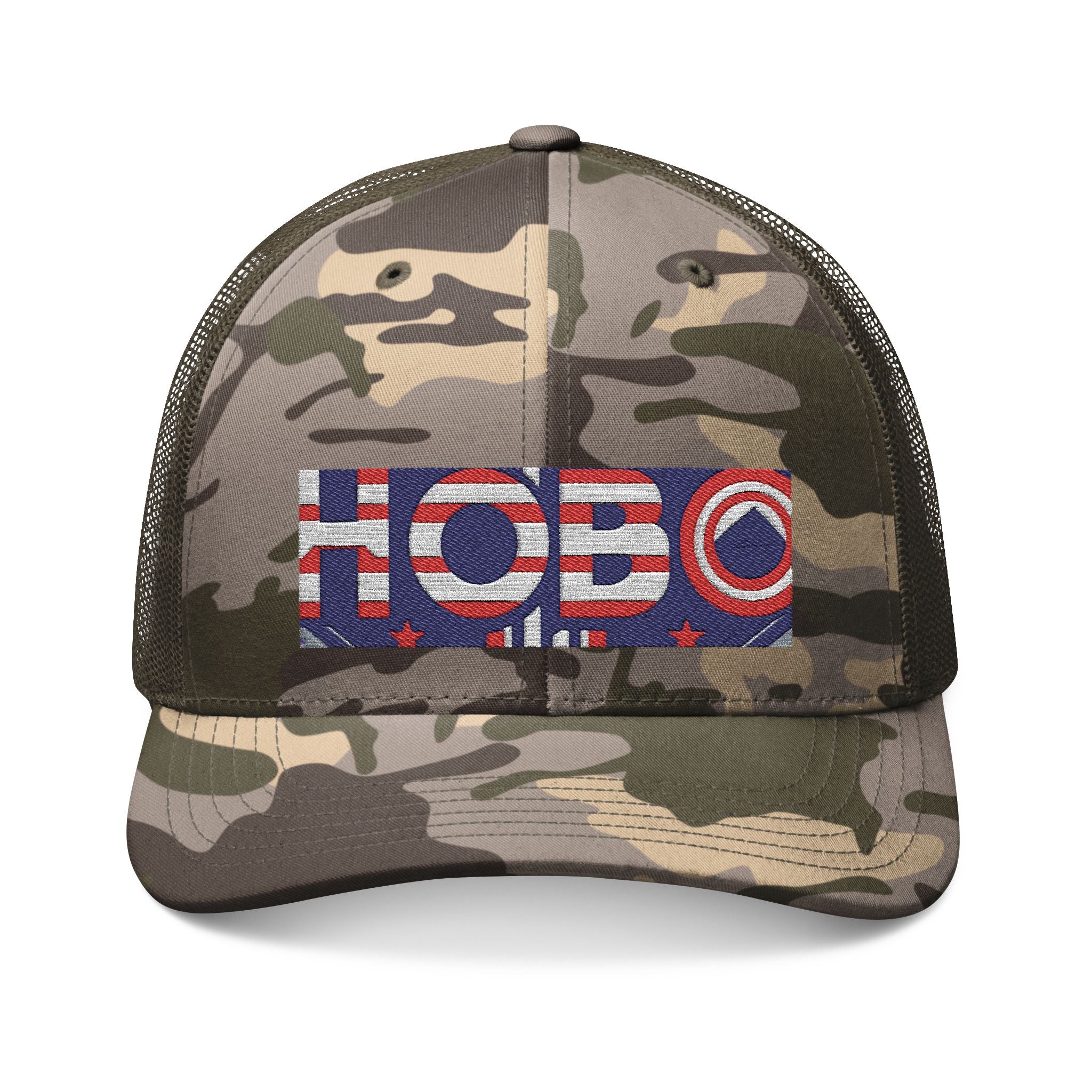 Camouflage Trucker Hat with Embroidered Hobo Design, Outdoor Gear, Gift for Camping, Trendy Hat for Men, Summer Festivals, Casual Wear