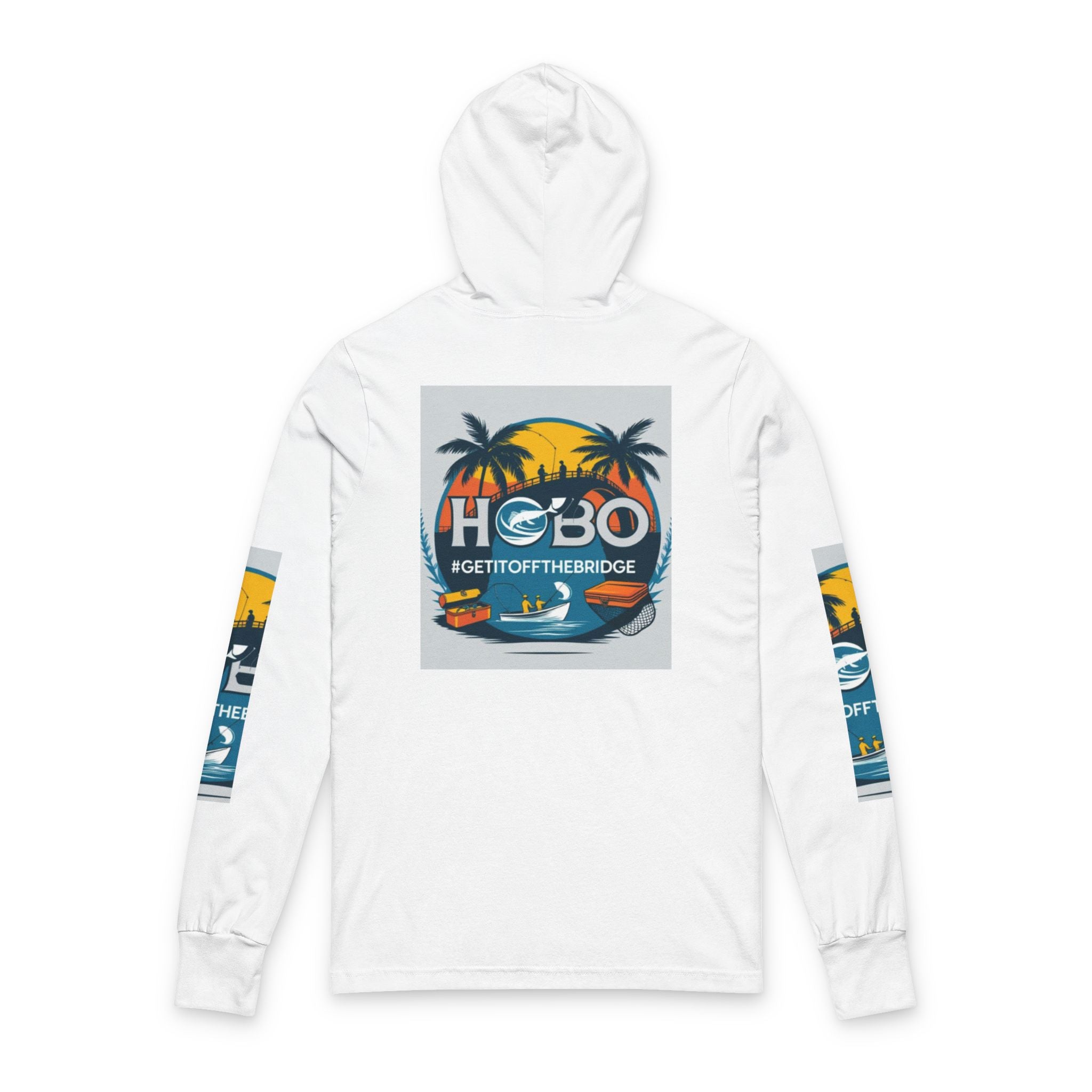 Hooded Long Sleeve Tee, Tropical Graphic Shirt, Casual Beachwear, Gift for Travelers, Summer Style, Get Off the Bridge Tee