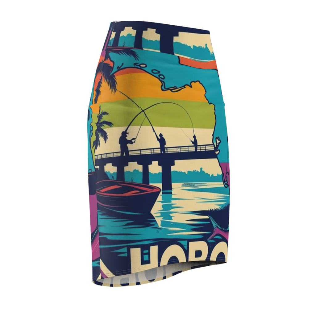 Vibrant Fishing Scene Pencil Skirt, Beachwear, Summer Fashion, Vacation Outfit, Casual Wear, Unique Apparel