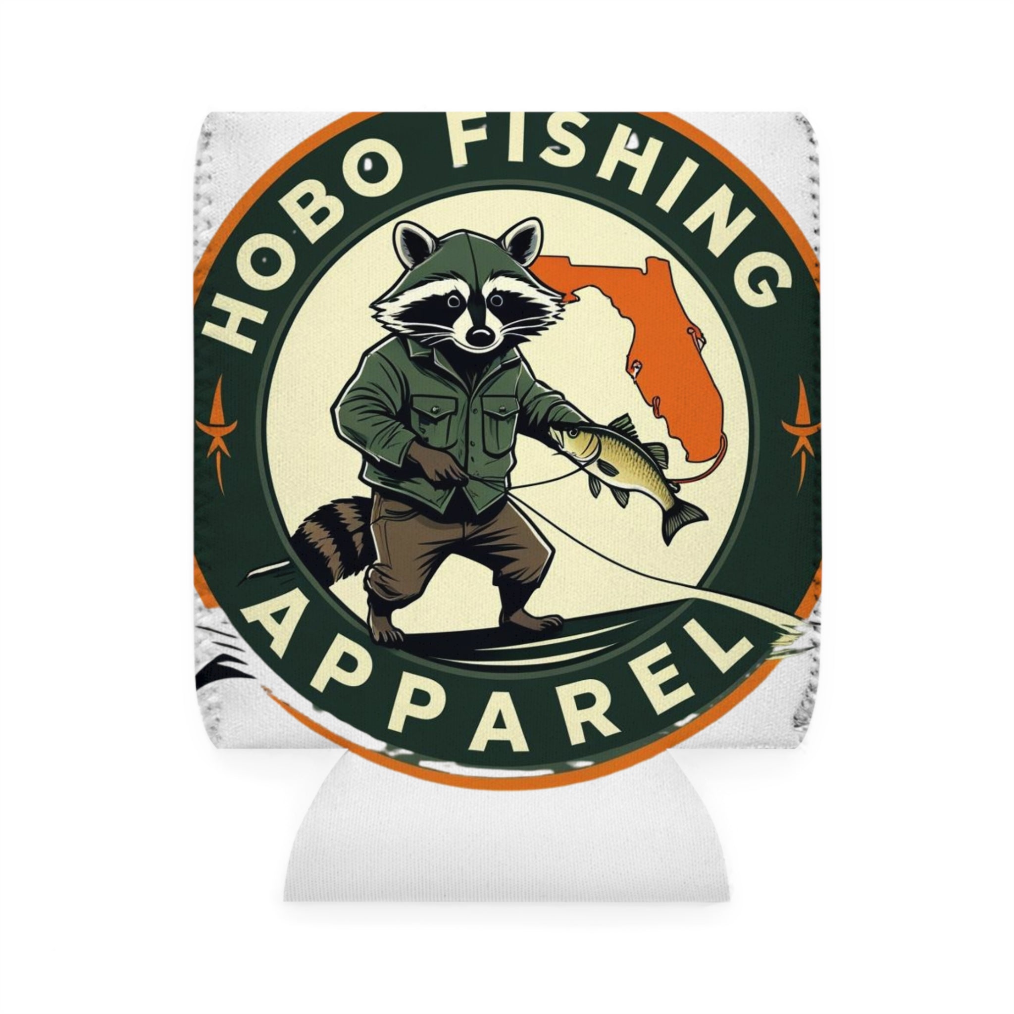 Fishing Can Cooler Sleeve, Fun Outdoors Gift, Raccoon Design, Hobo Fishing Apparel, Summer BBQ Accessory, Camping Gear